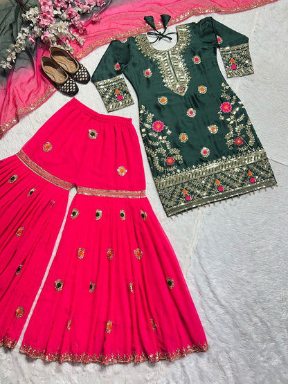 Stylish Malay Silk Top-Palazzo Dupatta Set – Embroidery & Sequence Work