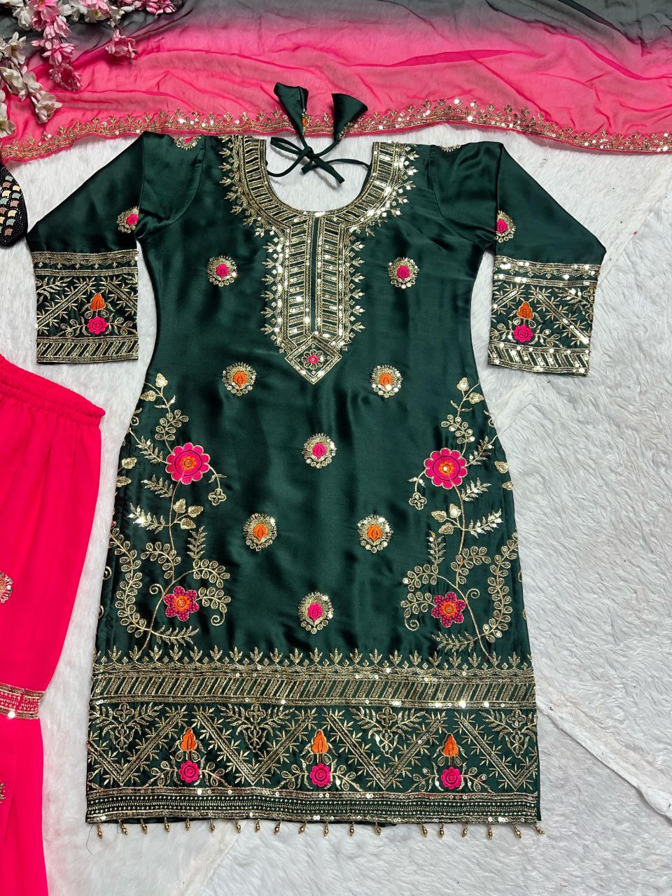 Stylish Malay Silk Top-Palazzo Dupatta Set – Embroidery & Sequence Work