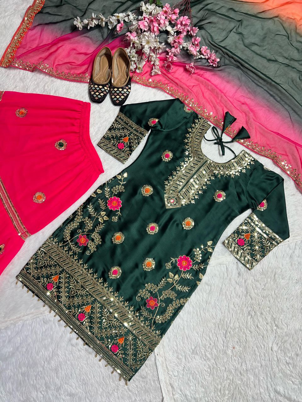 Stylish Malay Silk Top-Palazzo Dupatta Set – Embroidery & Sequence Work