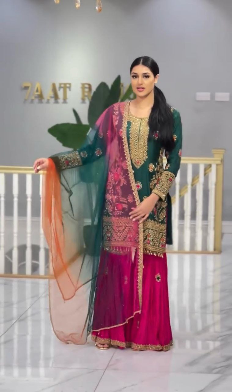 Stylish Malay Silk Top-Palazzo Dupatta Set – Embroidery & Sequence Work