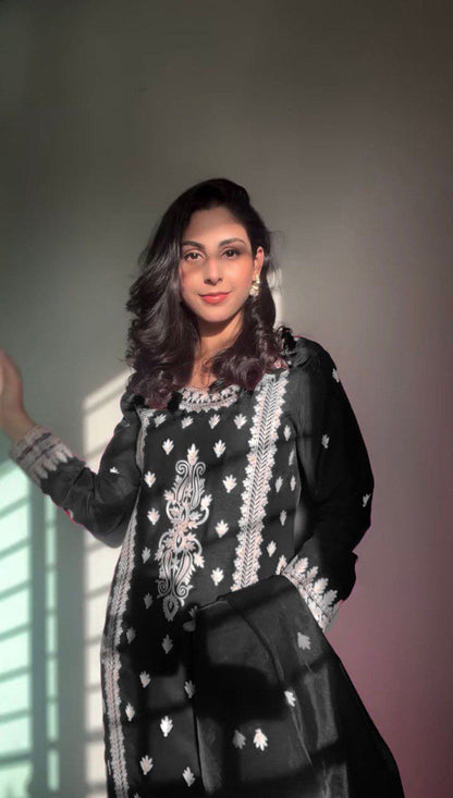 Pink & Black Stylish Roman Silk Party Wear Palazzo Suit Set with Organza Dupatta