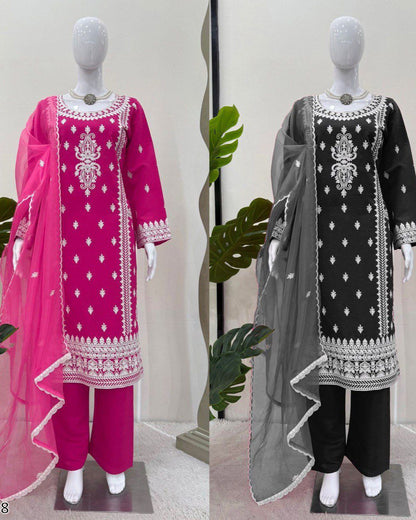 Pink & Black Stylish Roman Silk Party Wear Palazzo Suit Set with Organza Dupatta