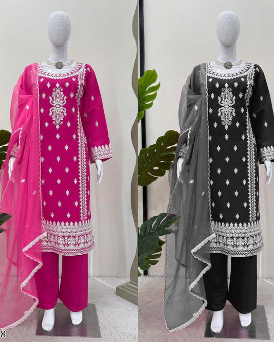 Pink & Black Stylish Roman Silk Party Wear Palazzo Suit Set with Organza Dupatta
