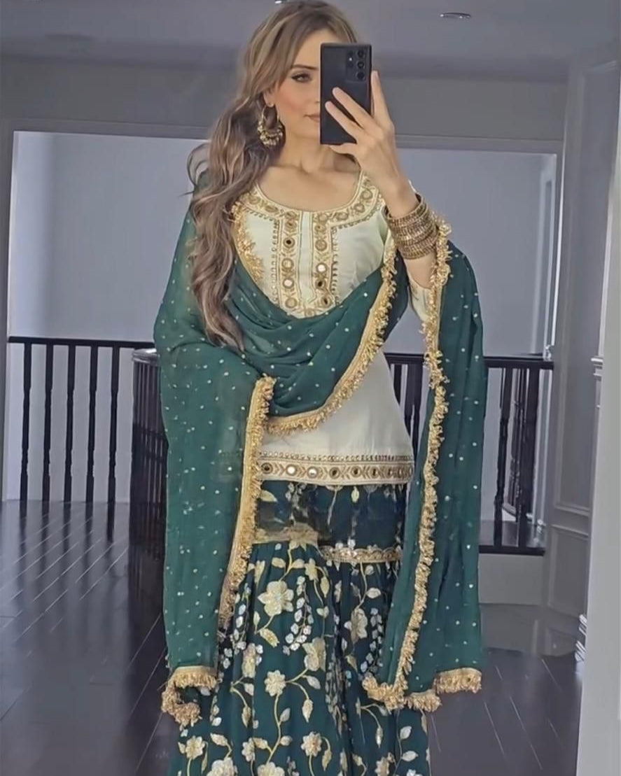 Elegant Party Wear Sharara Suit – Luxurious Embroidery & Sequins Work