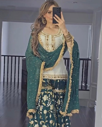 Elegant Party Wear Sharara Suit – Luxurious Embroidery & Sequins Work