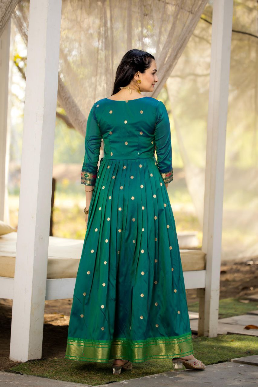 Tasrika Paithani Silk Blend Gown with Jacket | Woven Motifs & Flared Festive Dress | 3/4 Sleeve