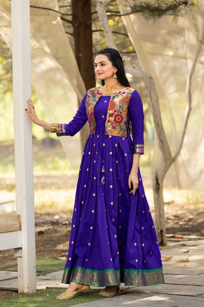 Tasrika Paithani Silk Blend Gown with Jacket | Woven Motifs & Flared Festive Dress | 3/4 Sleeve