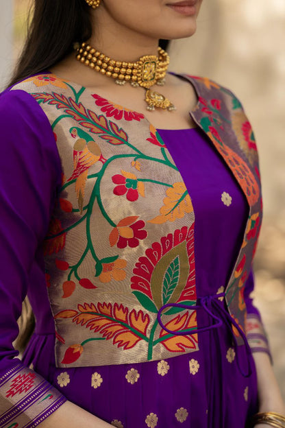 Tasrika Paithani Silk Blend Gown with Jacket | Woven Motifs & Flared Festive Dress | 3/4 Sleeve