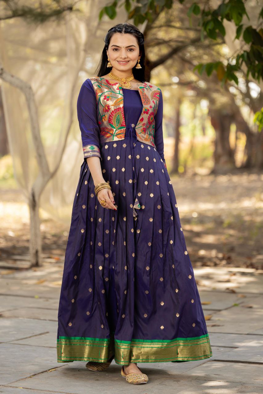 Tasrika Paithani Silk Blend Gown with Jacket | Woven Motifs & Flared Festive Dress | 3/4 Sleeve