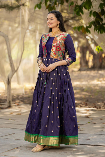 Tasrika Paithani Silk Blend Gown with Jacket | Woven Motifs & Flared Festive Dress | 3/4 Sleeve