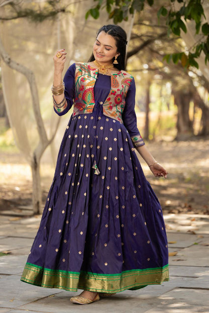 Tasrika Paithani Silk Blend Gown with Jacket | Woven Motifs & Flared Festive Dress | 3/4 Sleeve