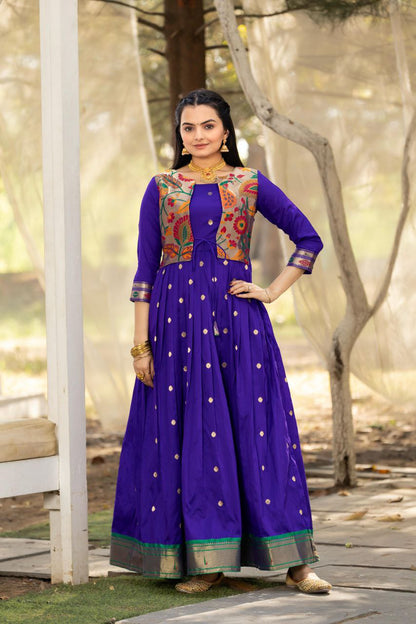 Tasrika Paithani Silk Blend Gown with Jacket | Woven Motifs & Flared Festive Dress | 3/4 Sleeve
