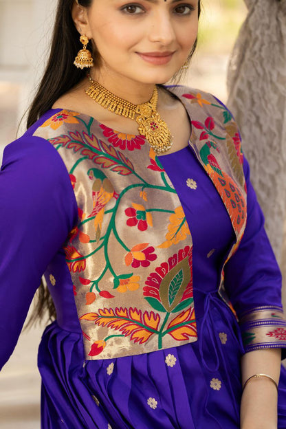 Tasrika Paithani Silk Blend Gown with Jacket | Woven Motifs & Flared Festive Dress | 3/4 Sleeve