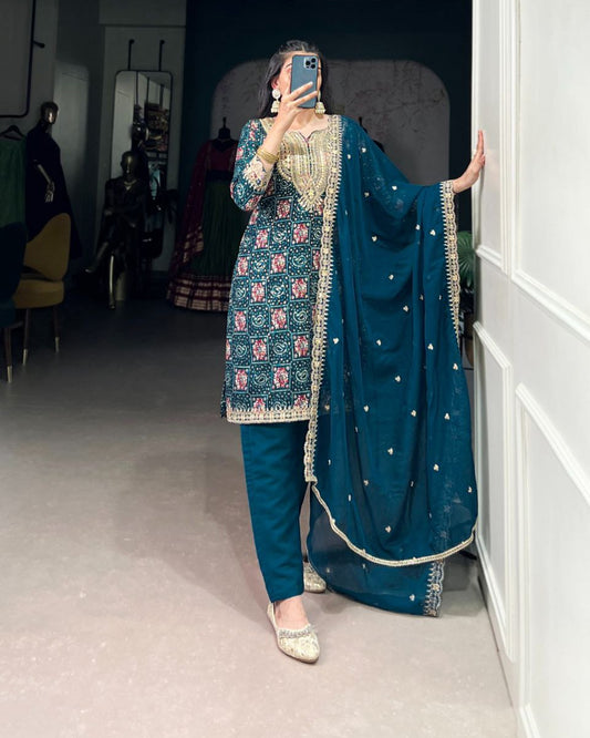 Teal Rayon Embroidered Kurta Set with Organza Dupatta | Printed Kurti with Thread & Sequin Work