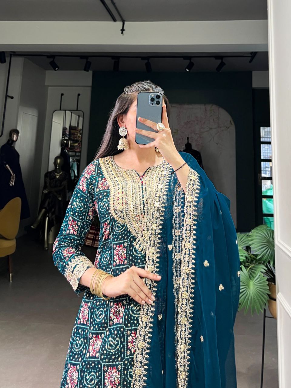 Teal Rayon Embroidered Kurta Set with Organza Dupatta | Printed Kurti with Thread & Sequin Work