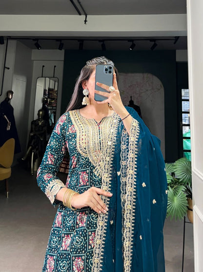 Teal Rayon Embroidered Kurta Set with Organza Dupatta | Printed Kurti with Thread & Sequin Work