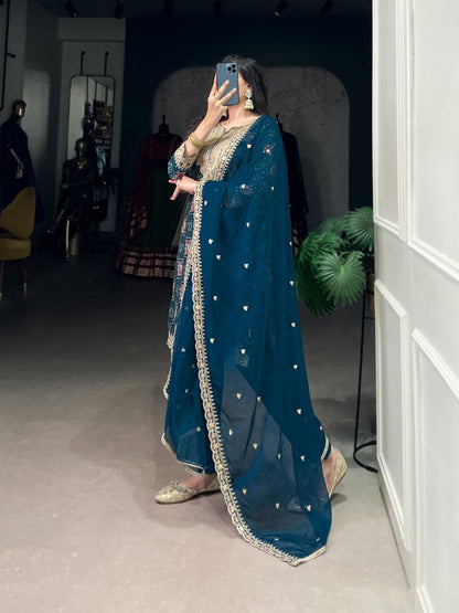 Teal Rayon Embroidered Kurta Set with Organza Dupatta | Printed Kurti with Thread & Sequin Work