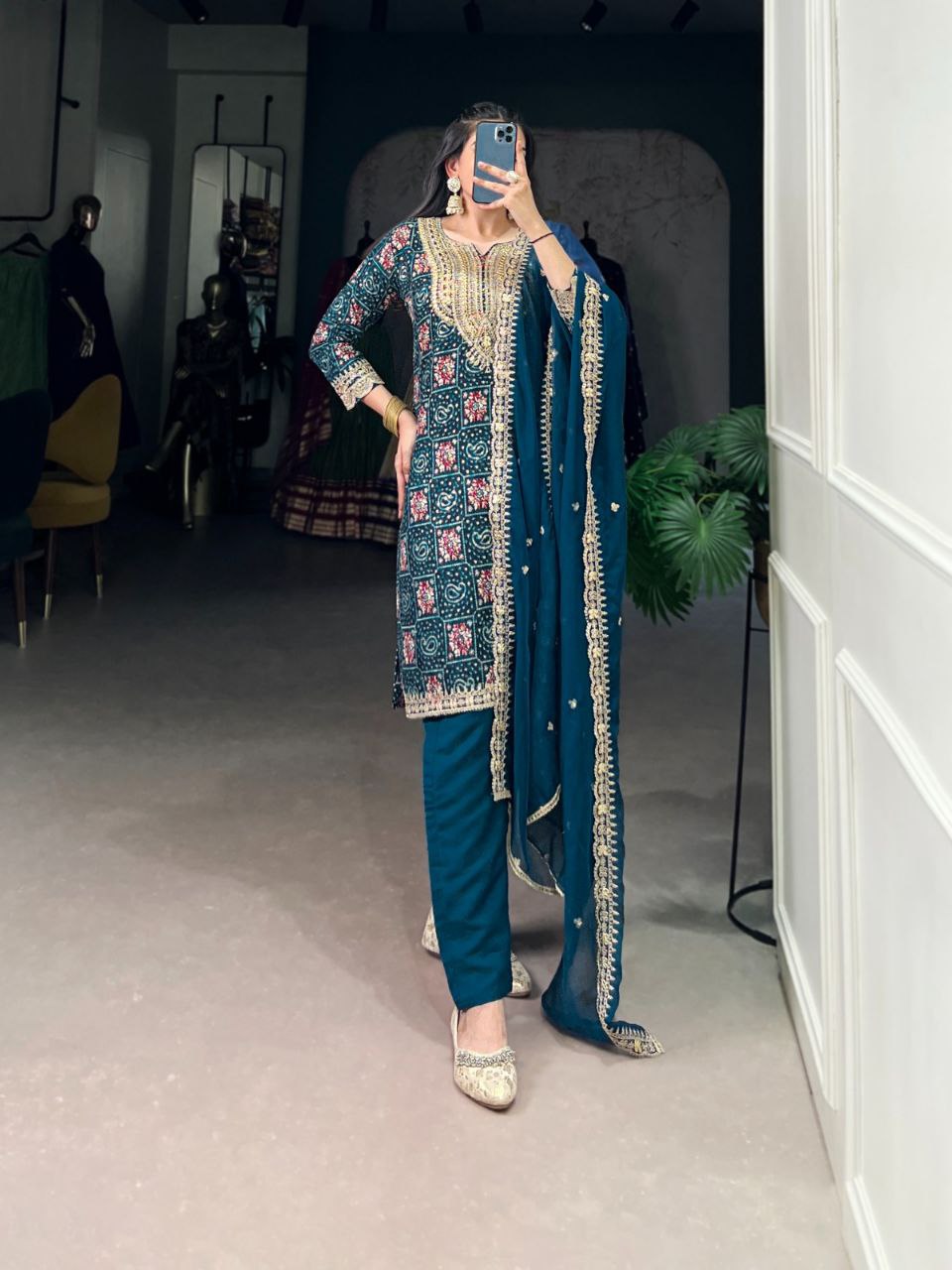 Teal Rayon Embroidered Kurta Set with Organza Dupatta | Printed Kurti with Thread & Sequin Work