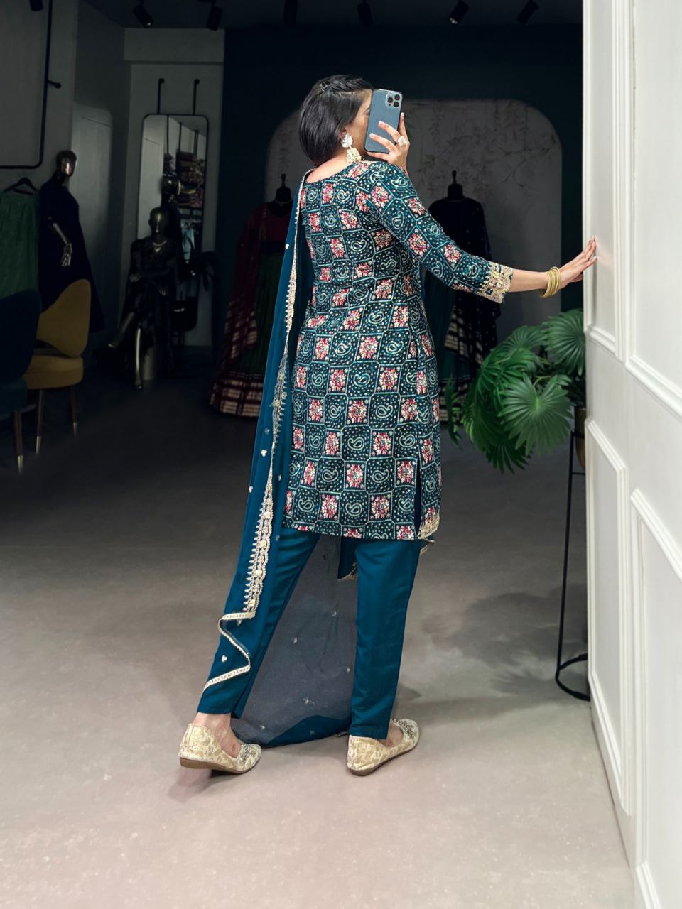 Teal Rayon Embroidered Kurta Set with Organza Dupatta | Printed Kurti with Thread & Sequin Work