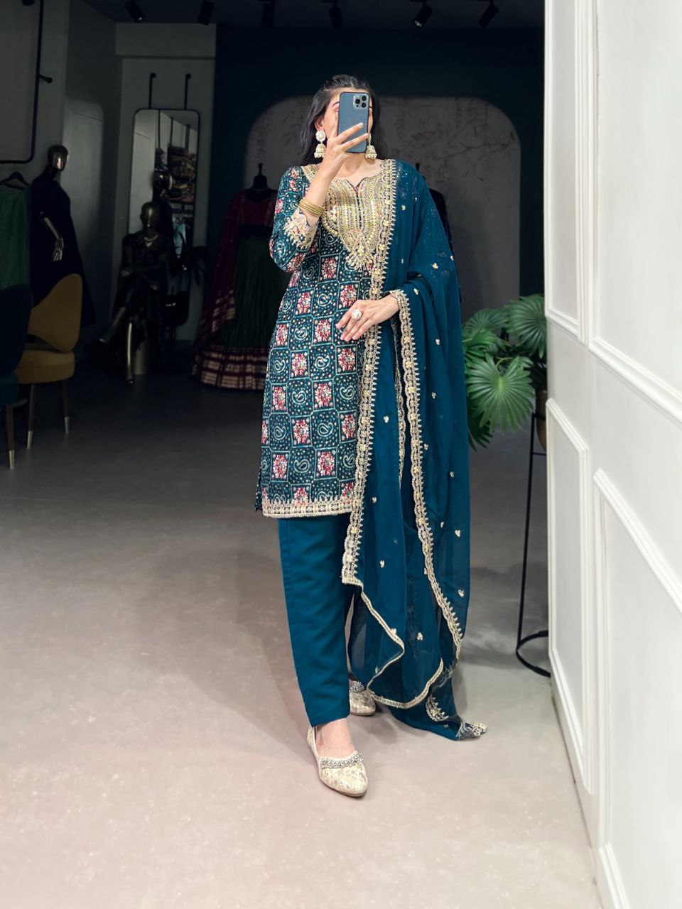 Teal Rayon Embroidered Kurta Set with Organza Dupatta | Printed Kurti with Thread & Sequin Work