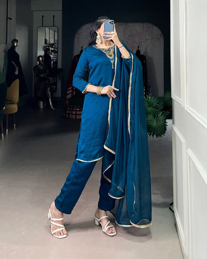Teal Vichitra Silk Ethnic Dress Set for Women – Handwork Top with Bottom & Organza Dupatta
