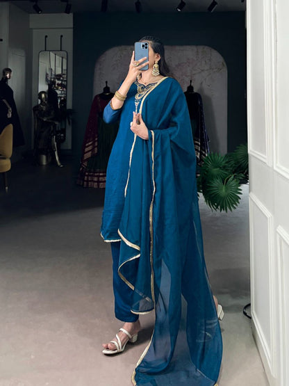 Teal Vichitra Silk Ethnic Dress Set for Women – Handwork Top with Bottom & Organza Dupatta