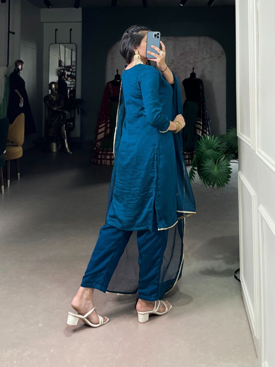 Teal Vichitra Silk Ethnic Dress Set for Women – Handwork Top with Bottom & Organza Dupatta