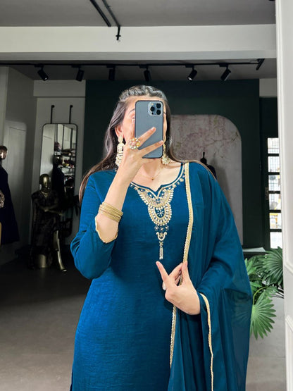 Teal Vichitra Silk Ethnic Dress Set for Women – Handwork Top with Bottom & Organza Dupatta