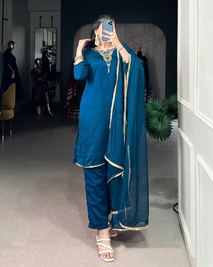Teal Vichitra Silk Ethnic Dress Set for Women – Handwork Top with Bottom & Organza Dupatta