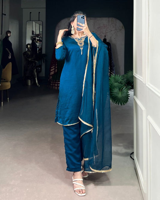Teal Vichitra Silk Ethnic Dress Set for Women – Handwork Top with Bottom & Organza Dupatta