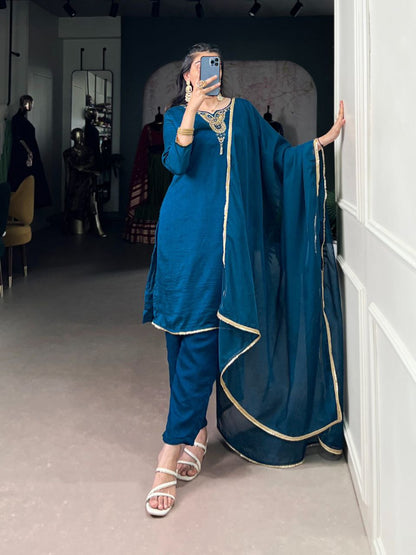 Teal Vichitra Silk Ethnic Dress Set for Women – Handwork Top with Bottom & Organza Dupatta