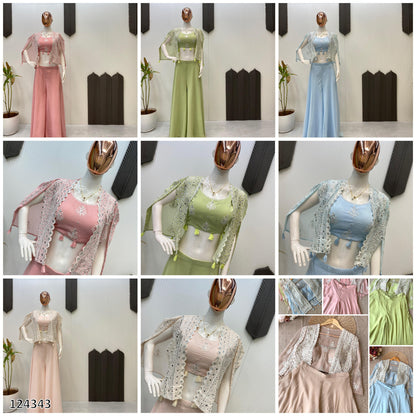 Trending Party Wear 3-Piece Set | Blouse, Palazzo & Shrug with Sequence Embroidery