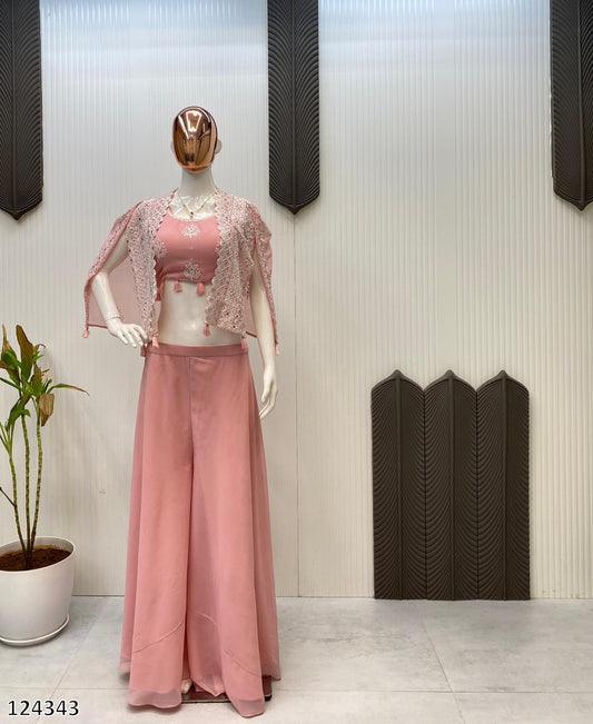 Trending Party Wear 3-Piece Set | Blouse, Palazzo & Shrug with Sequence Embroidery