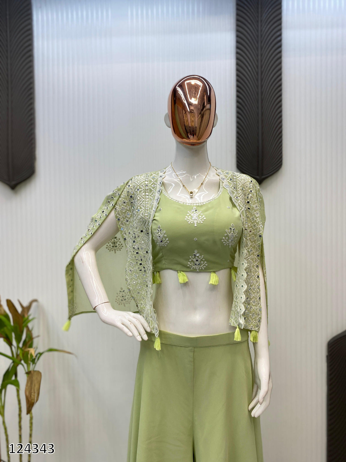 Trending Party Wear 3-Piece Set | Blouse, Palazzo & Shrug with Sequence Embroidery