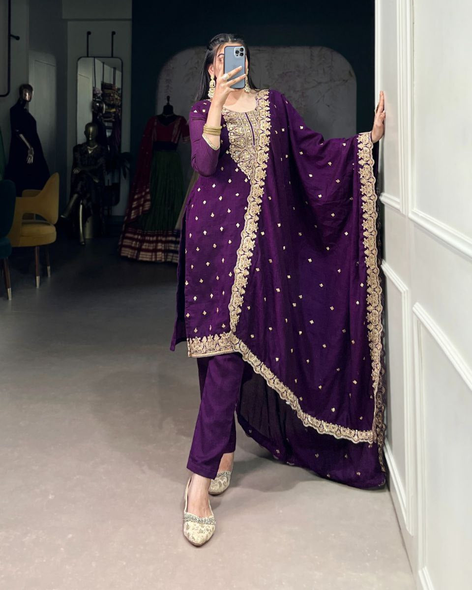 Vichitra Silk Embroidered Suit Set with Dupatta | Ethnic Dress Collection | Fully Stitched