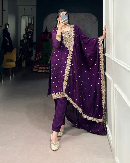 Vichitra Silk Embroidered Suit Set with Dupatta | Ethnic Dress Collection | Fully Stitched