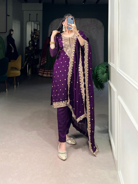 Vichitra Silk Embroidered Suit Set with Dupatta | Ethnic Dress Collection | Fully Stitched
