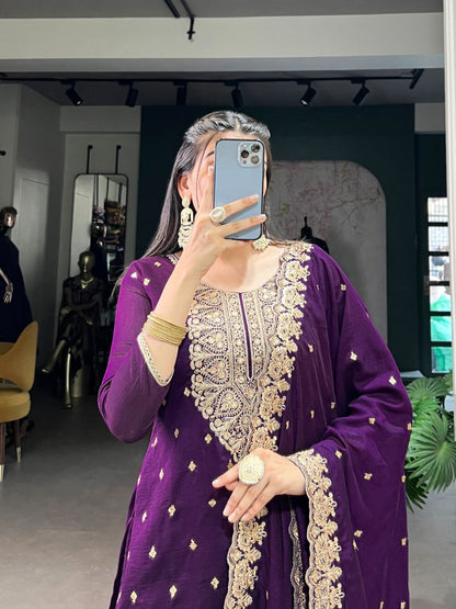 Vichitra Silk Embroidered Suit Set with Dupatta | Ethnic Dress Collection | Fully Stitched