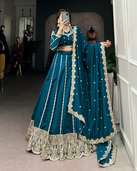 Wedding Collection 2025 – Firozi Vichitra Silk Embroidered Lehenga Set