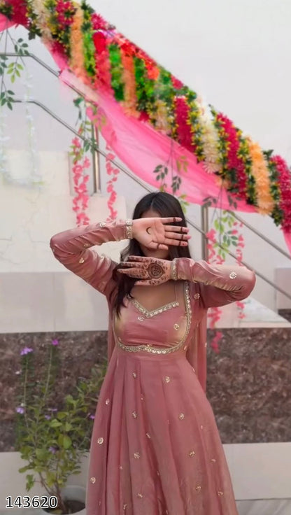 Fendy Silk Anarkali Suit Set with Dupatta – Thread & Sequin Work, Fully Stitched Pant, Festive Wear (3-Piece)