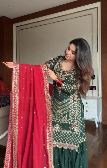 Wedding Special: Premium Faux Georgette Green Sharara Set For Women