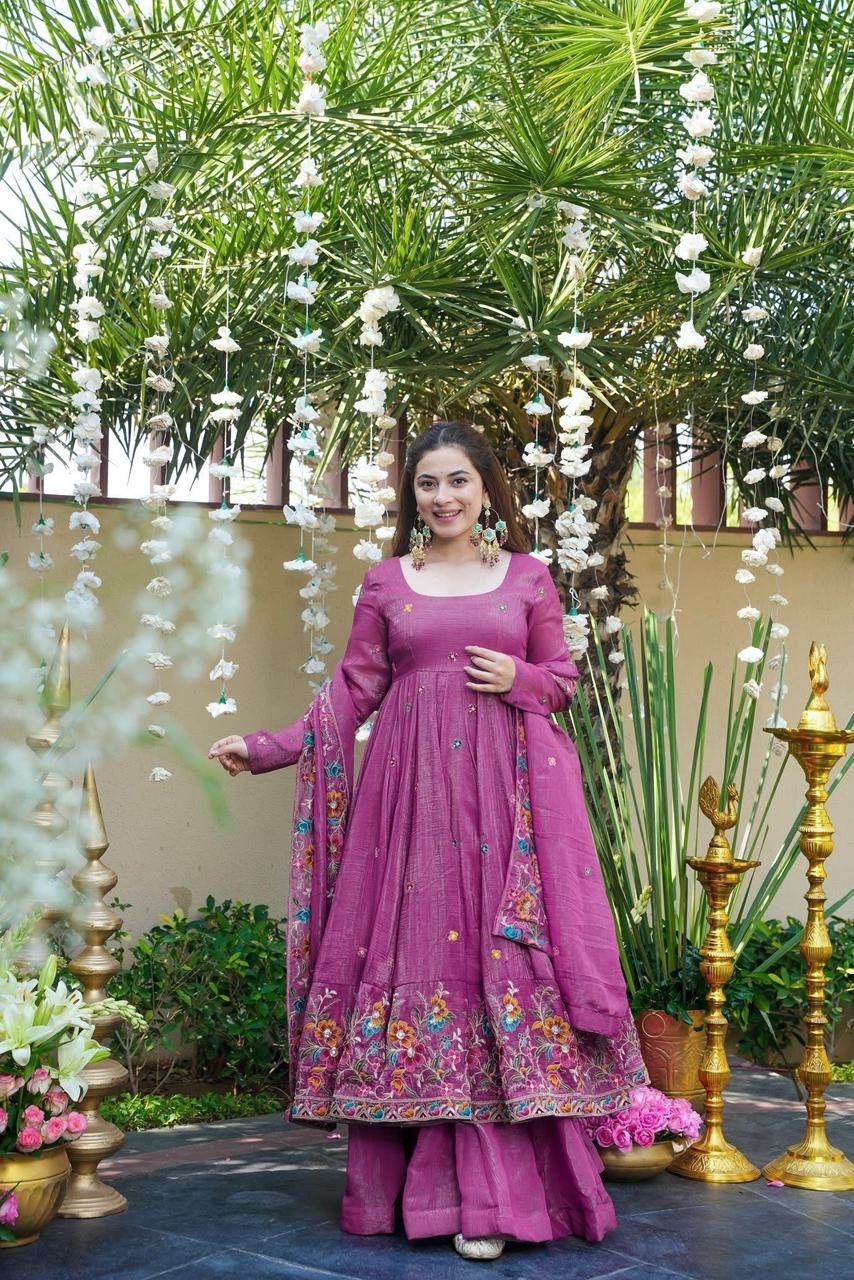 Women’s Crunchy Silk Embroidered Top Sharara Dupatta Set | 3-Piece Fully Stitched Party & wedding Wear with Heavy Sequin Work