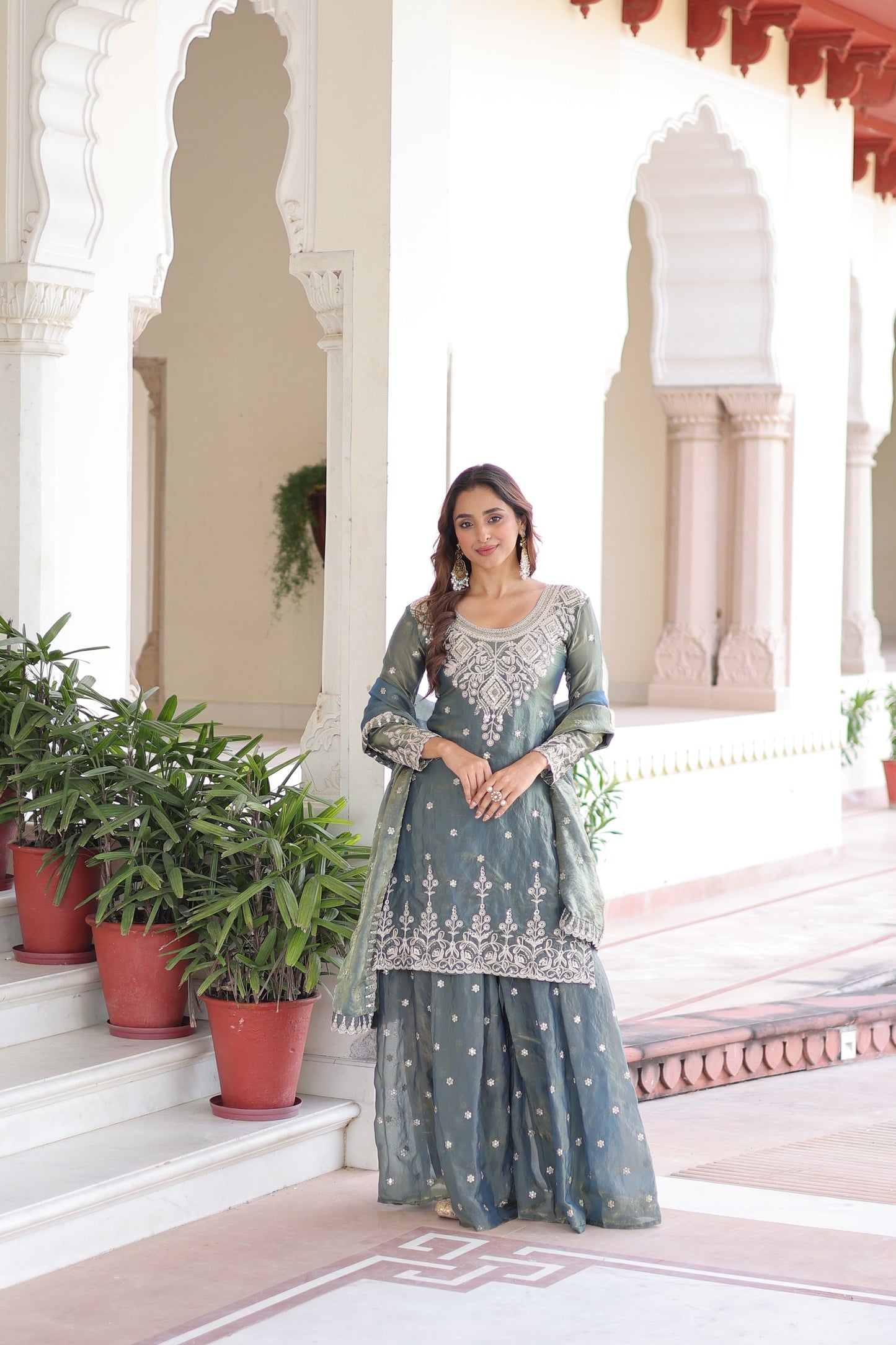 Fendi Silk Kurti Sharara Dupatta Set for Women | 3-Piece Stitched Designer Outfit with Sequin Embroidery & Cutwork Lace | Festive, Wedding & Party Wear
