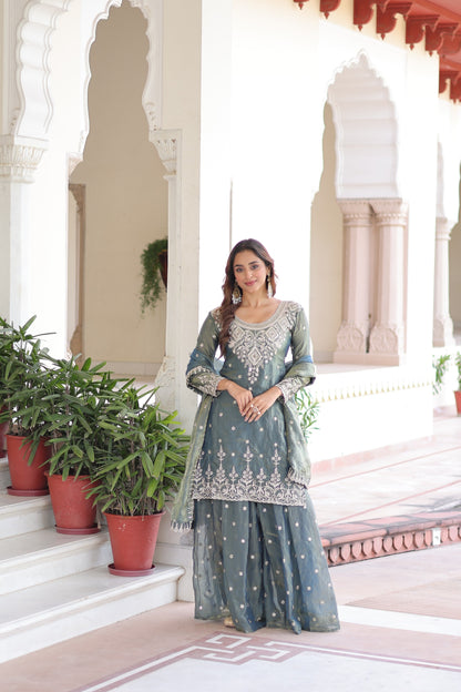 Fendi Silk Kurti Sharara Dupatta Set for Women | 3-Piece Stitched Designer Outfit with Sequin Embroidery & Cutwork Lace | Festive, Wedding & Party Wear