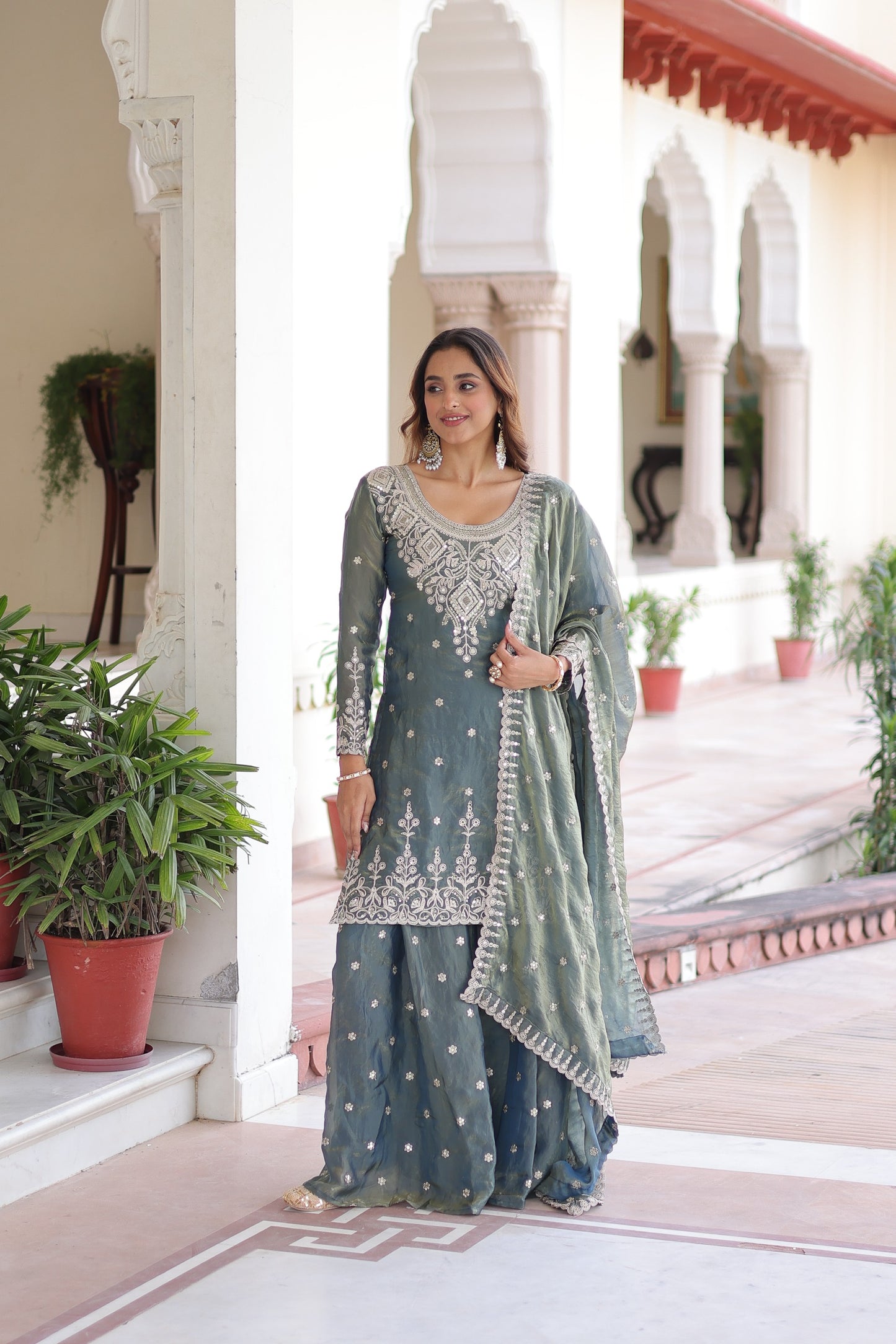 Fendi Silk Kurti Sharara Dupatta Set for Women | 3-Piece Stitched Designer Outfit with Sequin Embroidery & Cutwork Lace | Festive, Wedding & Party Wear