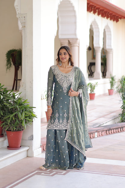 Fendi Silk Kurti Sharara Dupatta Set for Women | 3-Piece Stitched Designer Outfit with Sequin Embroidery & Cutwork Lace | Festive, Wedding & Party Wear