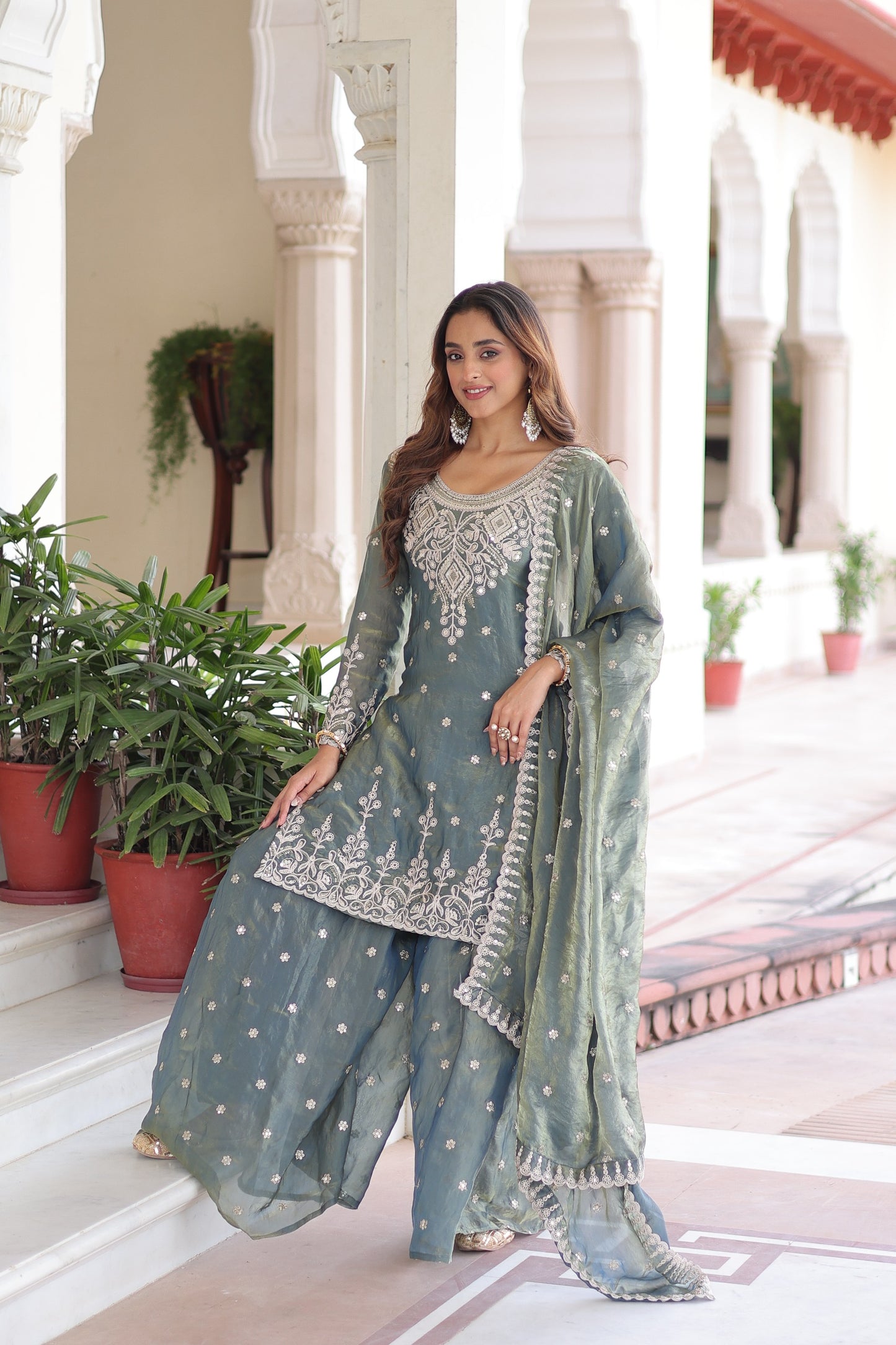 Fendi Silk Kurti Sharara Dupatta Set for Women | 3-Piece Stitched Designer Outfit with Sequin Embroidery & Cutwork Lace | Festive, Wedding & Party Wear