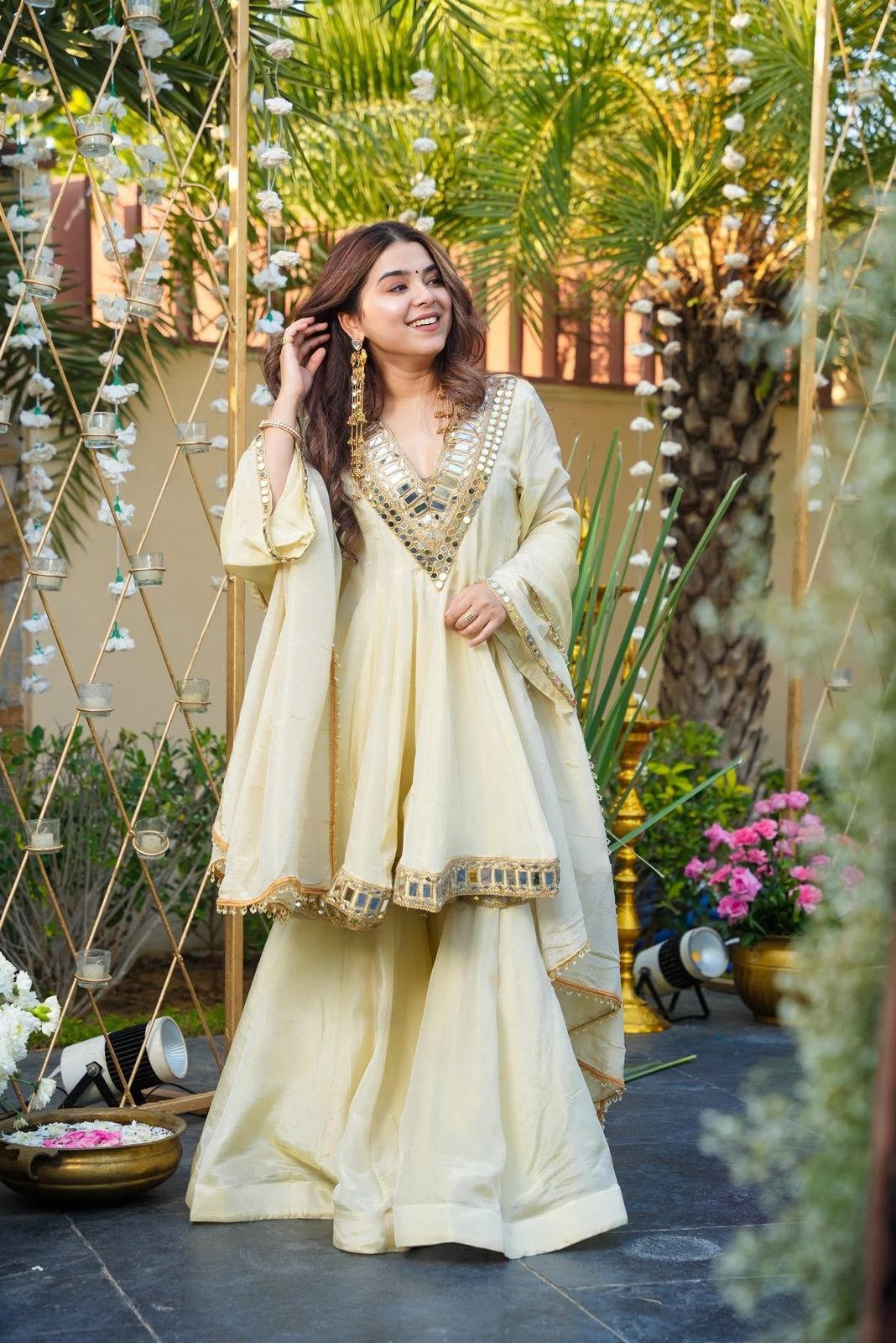 Women’s Designer 3-Piece Cosmos Suit Set | Mirror & Embroidery Work Top with Palazzo & Dupatta | Fully Stitched Festive Party Wear