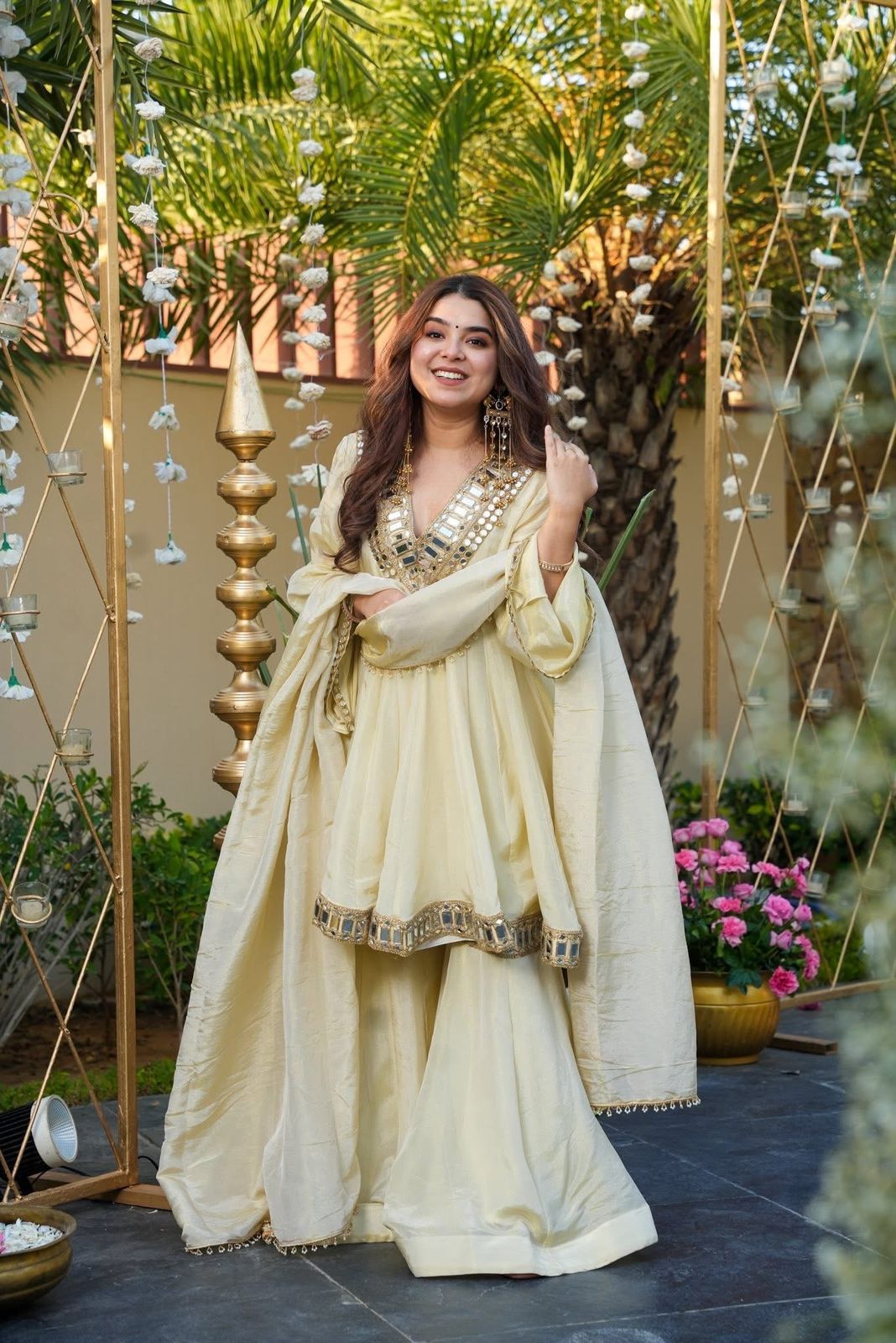 Women’s Designer 3-Piece Cosmos Suit Set | Mirror & Embroidery Work Top with Palazzo & Dupatta | Fully Stitched Festive Party Wear