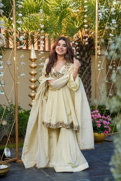 Women’s Designer 3-Piece Cosmos Suit Set | Mirror & Embroidery Work Top with Palazzo & Dupatta | Fully Stitched Festive Party Wear